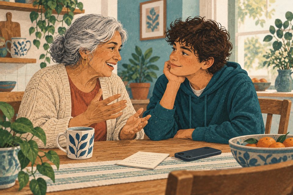 Una abuela comparte una historia con su nieto en la mesa.
