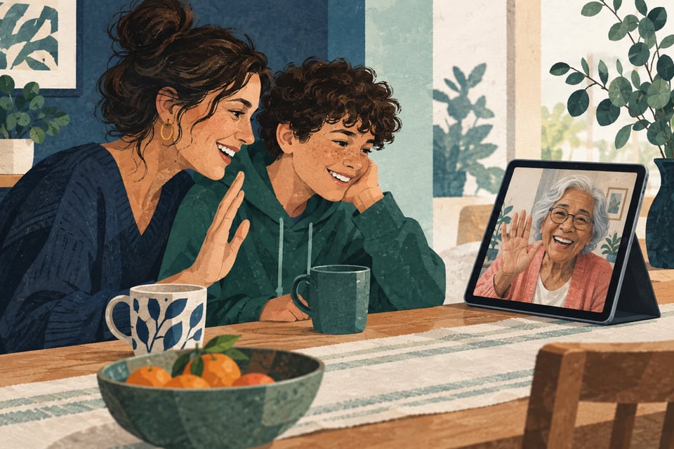 Ilustración de una familia conversando por videollamada con un familiar mayor.