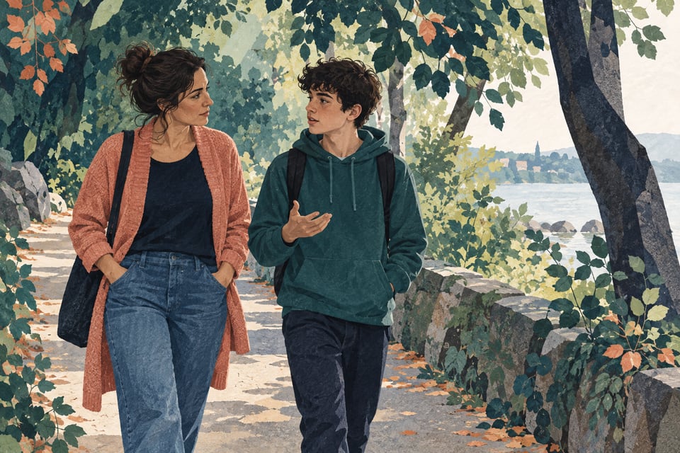 Ilustración de un adulto y un adolescente conversando al caminar.